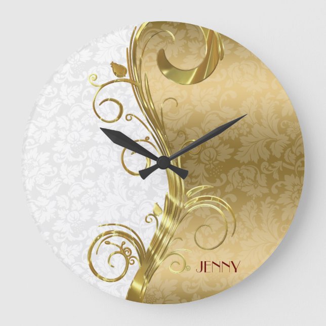 Elegant White Gold Damasks Gold Swirls Large Clock (Front)