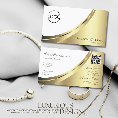 Elegant White Gold Decor with Logo and QR_Code Business Card