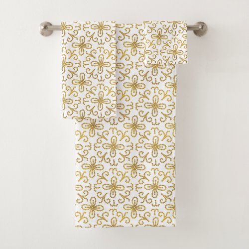 Elegant White Gold Dotted Flower Tile Pattern Bath Towel Set
