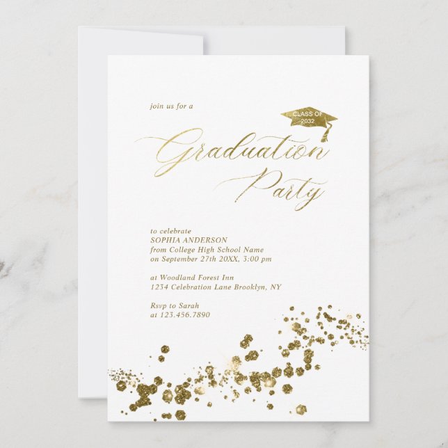 Elegant White Gold Dust Confetti Graduation Party Invitation (Front)