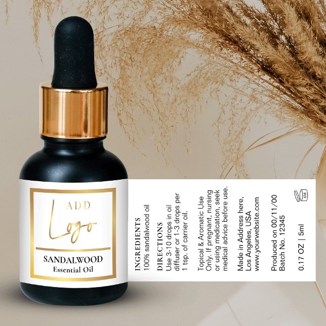  Elegant White & Gold Essential Oil Dropper Bottle Label (Elegant faux gold effect small dropper bottle wrap around labels with space for your logo)