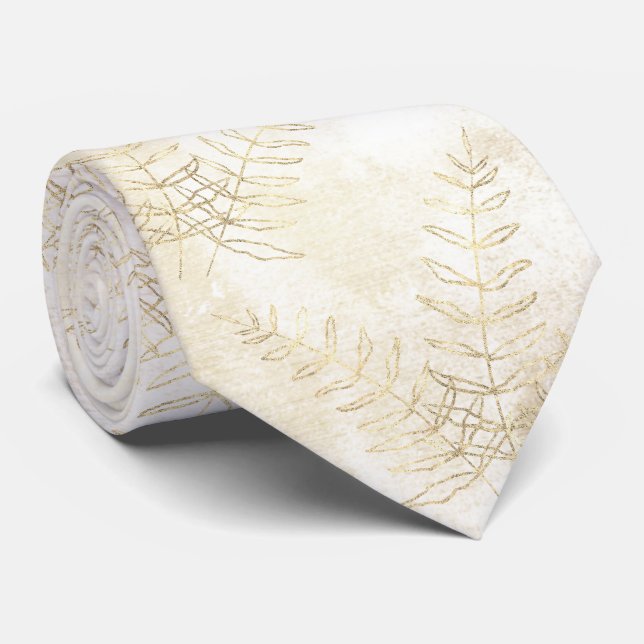 Elegant White & Gold Fern Leaf Wedding  Neck Tie (Rolled)