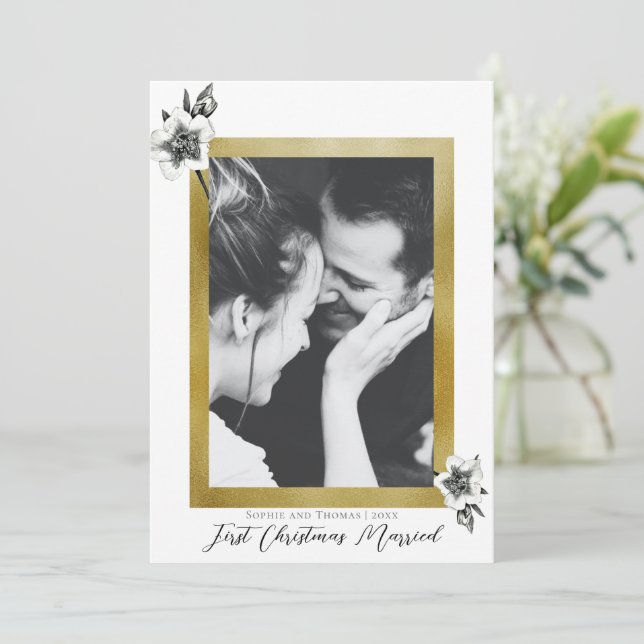 Elegant White Gold First Christmas Married Photo Holiday Card (Standing Front)