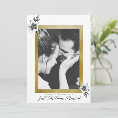 Elegant White Gold First Christmas Married Photo Holiday Card