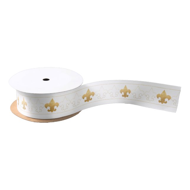 Elegant White & Gold Fleur De Lis Ribbon (Spool)