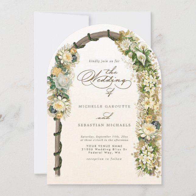 Elegant White Gold Floral Arch Wedding Invitation (Front)