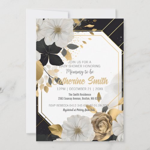 Elegant White Gold Floral Baby Shower Black Frame Invitation