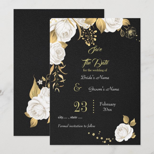 elegant white gold floral black save the date (Front/Back)