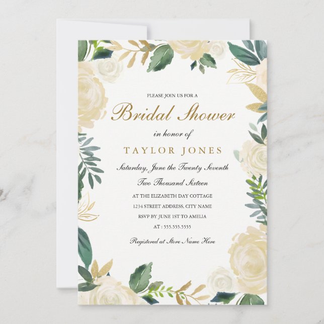 Elegant white Gold Floral  Bridal Shower invite (Front)