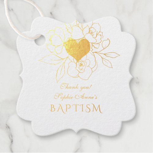 Elegant White Gold Floral Cross Baptism Foil Favor Tags