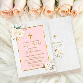 Elegant Pink Floral Gold Cross Girls Baptism Invitation