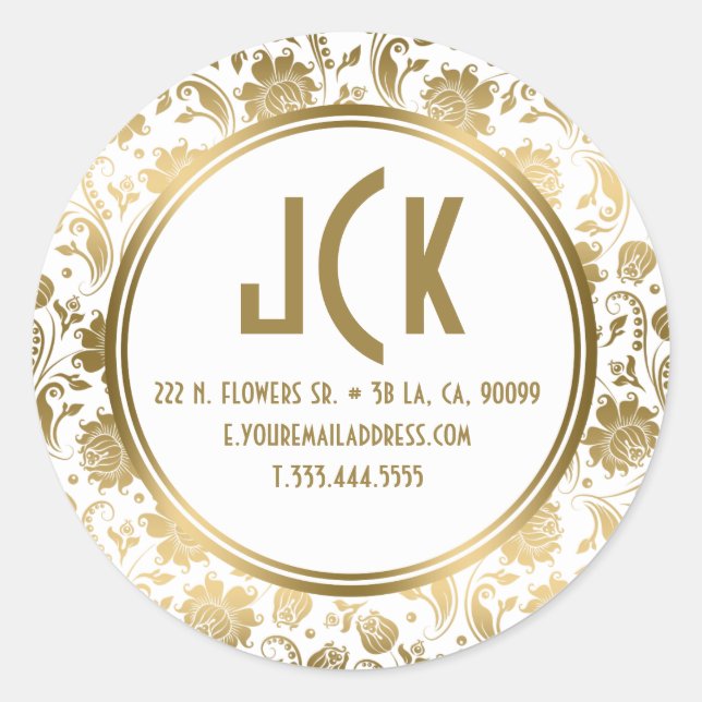 Elegant White & Gold Floral Damasks Pattern Classic Round Sticker (Front)