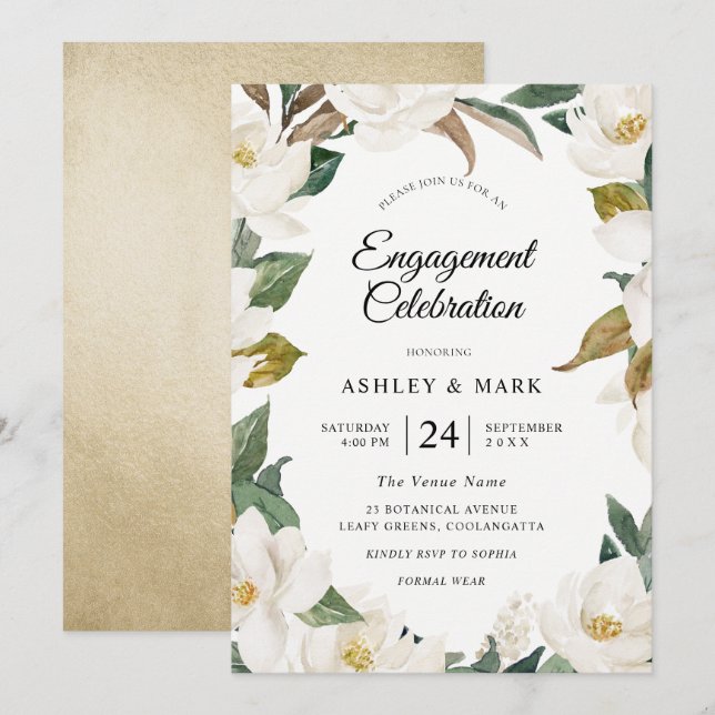 Elegant White Gold Floral Engagement Party Invitation (Front/Back)