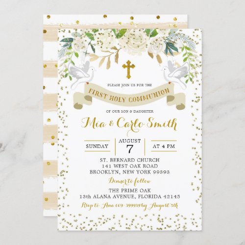 Elegant White Gold Floral First Holy Communion Invitation