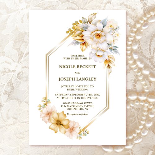 Elegant White Gold Floral Geometric Wedding Invitation