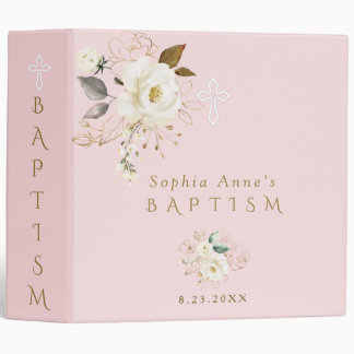 Elegant White Gold Floral Girl Baptism Photo Album 3 Ring Binder