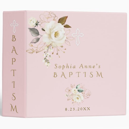 Elegant White Gold Floral Girl Baptism Photo Album 3 Ring Binder