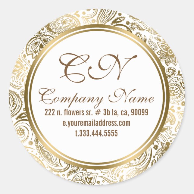 Elegant White & Gold Floral Lace Paisley Pattern 2 Classic Round Sticker (Front)