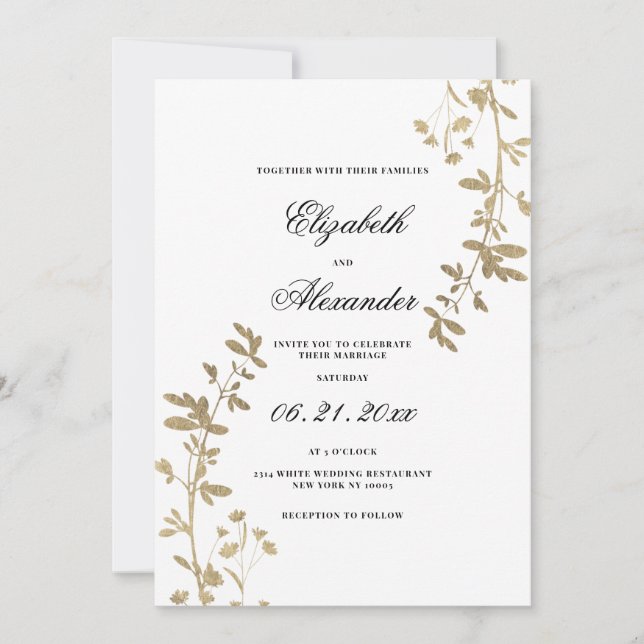 Elegant white gold floral luxury wedding invitation (Front)