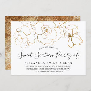 Elegant White & Gold Floral Modern Sweet 16 Party Invitation