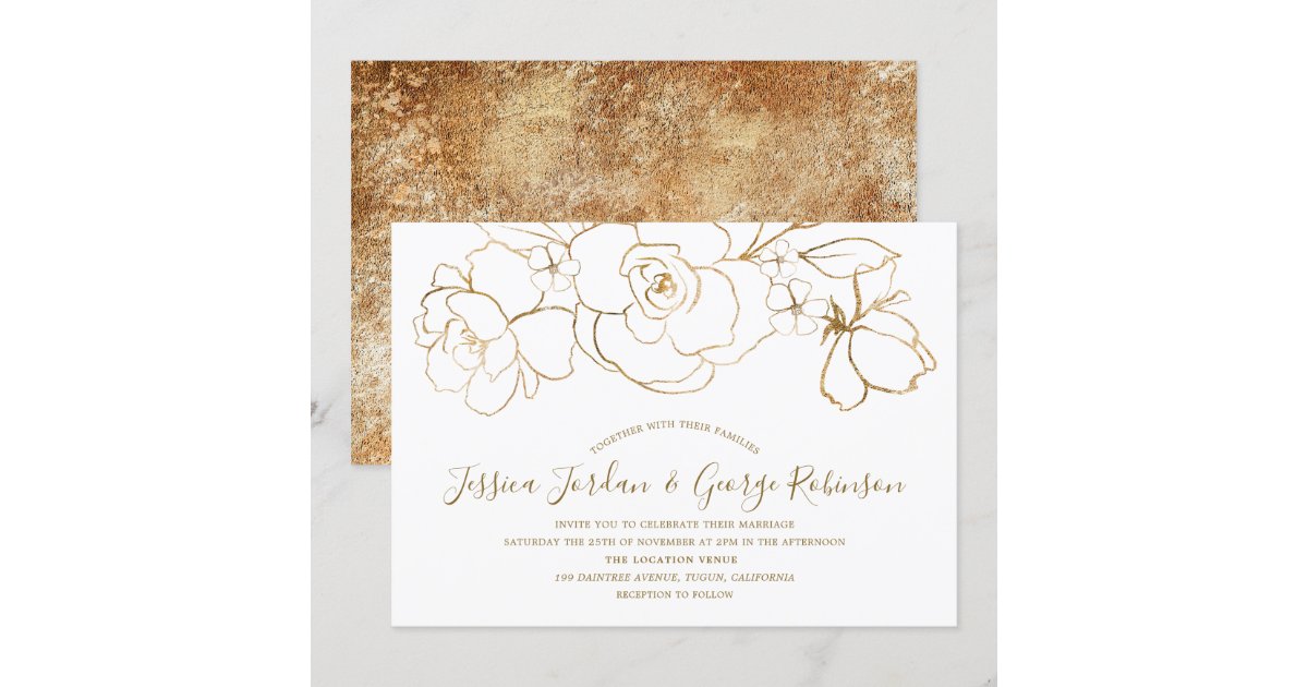 Elegant White &amp; Gold Floral Modern Wedding Invitation | Zazzle