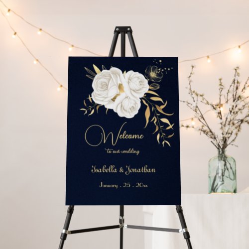 elegant white gold floral navy welcome sign