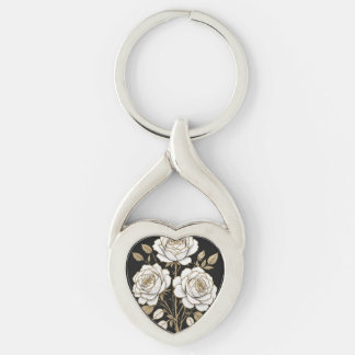 Elegant White & Gold Floral Rose heart key– Luxury Keychain