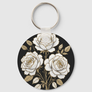 Elegant White & Gold Floral Rose Keychain – Luxury