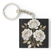 Elegant White & Gold Floral Rose Keychain – Luxury