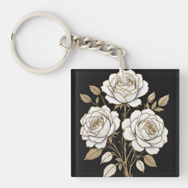 Elegant White & Gold Floral Rose Keychain – Luxury (Front)