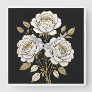 Elegant White & Gold Floral Rose Wall Clock 