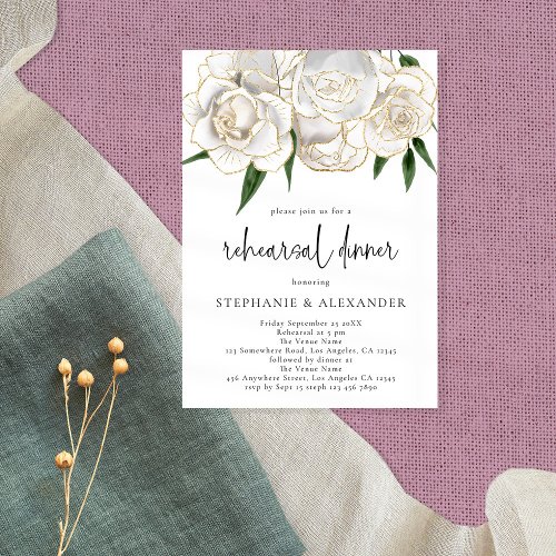 Elegant White Gold Floral Script Rehearsal Dinner  Invitation