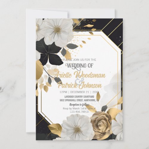 Elegant White Gold Floral Wedding Black Frame  Invitation