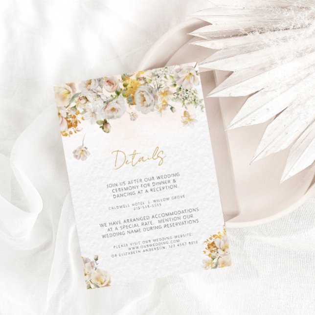 Elegant White Gold Floral Wedding Details Card (Creator Uploaded)