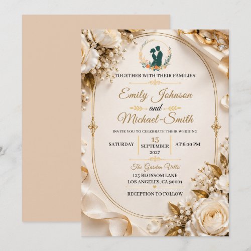 Elegant White Gold Floral Wedding Invitation