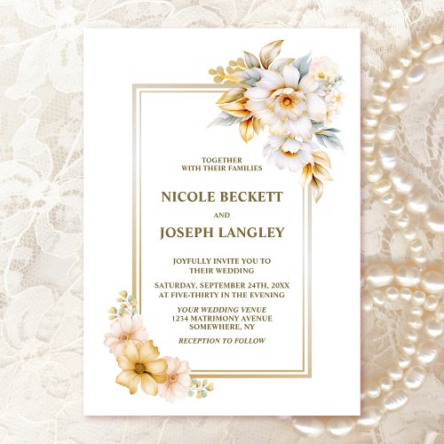 Elegant White Gold Floral Wedding Invitation