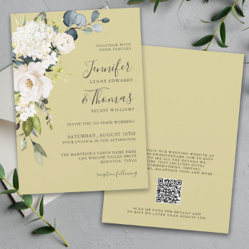 Elegant White Gold Floral Wedding With Qr Code Invitation by DancingPelican at Zazzle
