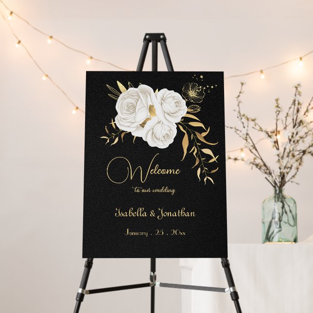 elegant white gold floral welcome sign (In Situ (Stand))