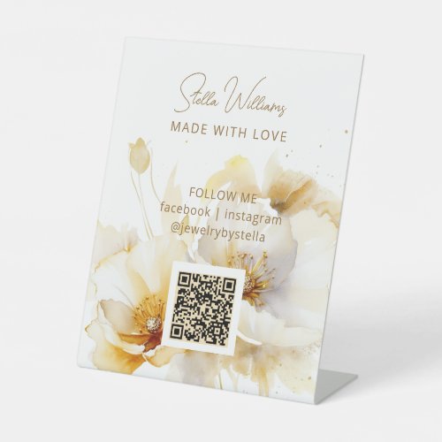 Elegant White Gold Flower QR Code Pedestal Sign