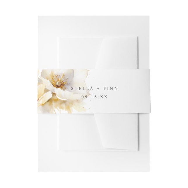 Elegant White Gold Flower Wedding Invitation Belly Band (Front Example)