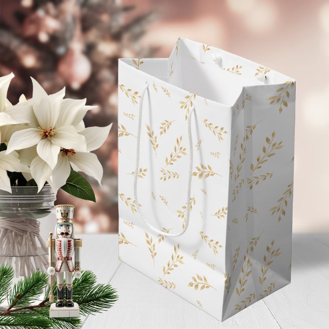 Elegant White Gold Foil Botanical Leaves Pattern Medium Gift Bag (Elegant Gold Foil Holiday Pattern Medium Gift Bag)