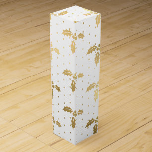 Elegant White & Gold Foil Christmas Holly Pattern Wine Box