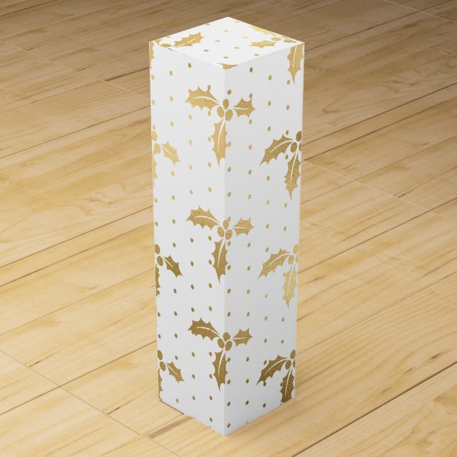 Elegant White & Gold Foil Christmas Holly Pattern Wine Box (Front)