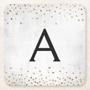 Elegant White - Gold Foil Confetti Monogram Square Paper Coaster