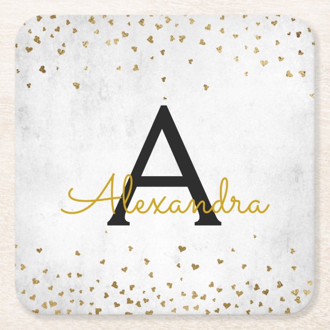Elegant White - Gold Foil Confetti Monogram Square Paper Coaster (Front)