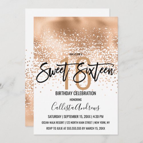 Elegant White Gold Foil Confetti Ombre Sweet 16 Invitation