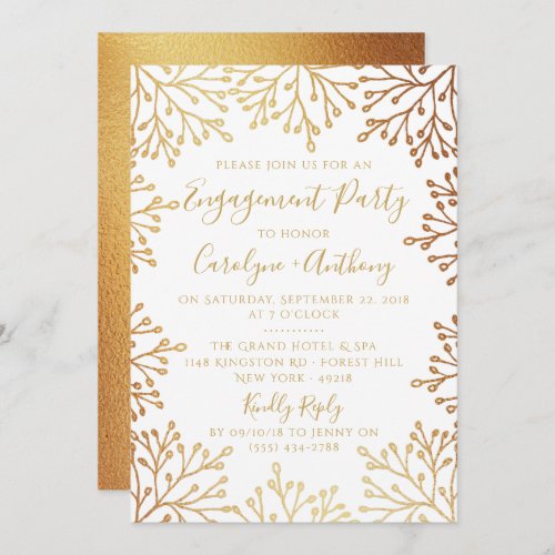 Elegant White  Gold Foil Floral Engagement Party Invitation
