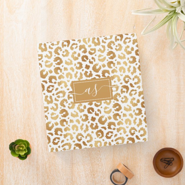 Elegant White Gold Foil Leopard Print Monogrammed 3 Ring Binder (In Situ)