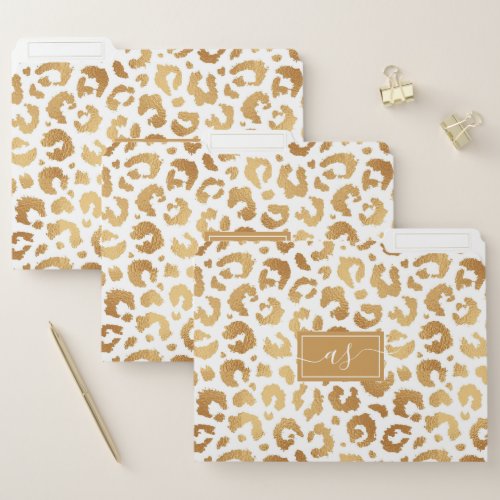 Elegant White Gold Foil Leopard Print Monogrammed File Folder