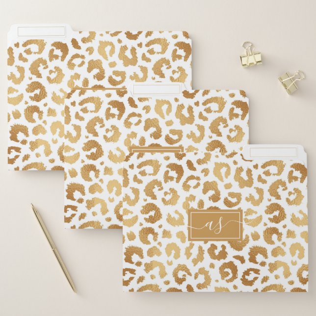 Elegant White Gold Foil Leopard Print Monogrammed File Folder (Set)
